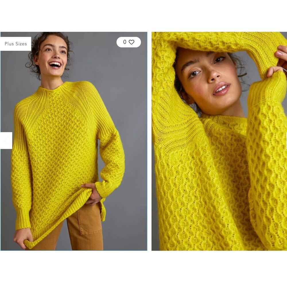 Anthropologie Womens XS Bia Mock Neck Bright Lime Yellow Knit Sweater Tunic